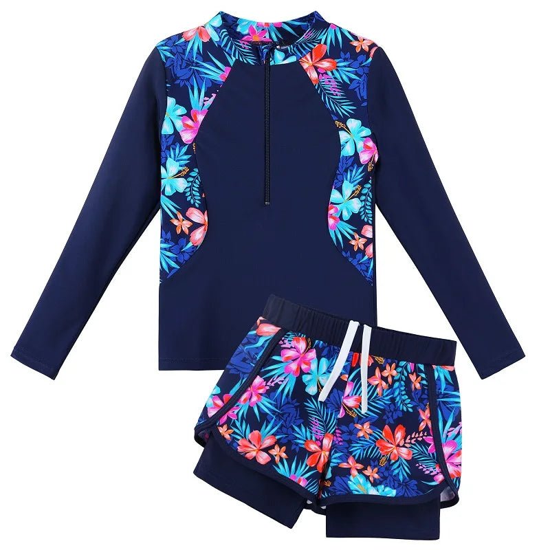 Girls Long Sleeve Tankini Swimsuit with Zipper | Kids Surfing Suit - Cake Pops Parties