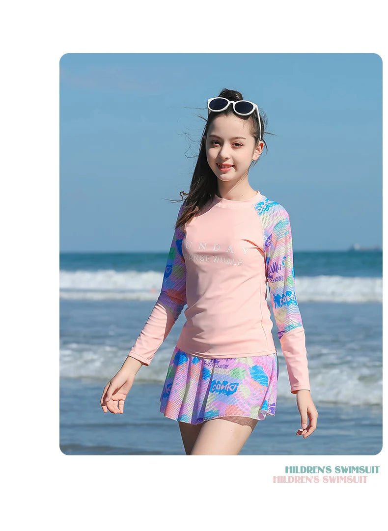 Girls Princess Skirt Swimsuit | Long Sleeve UV Protection Swim Set - Cake Pops Parties