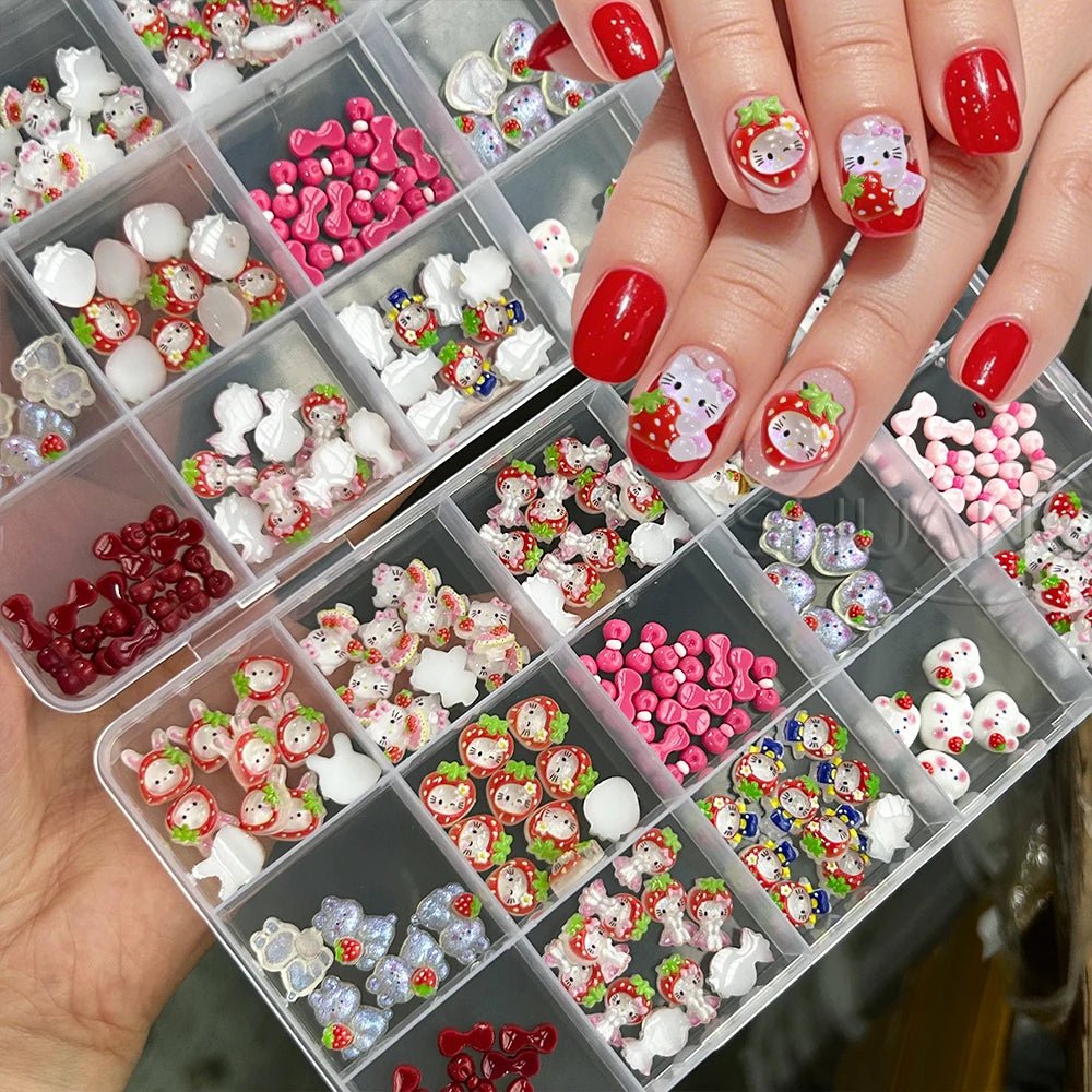Hello Kitty 3D Strawberry Nail Art Charms 15Grid Rhinestone Set - Cake Pops Parties
