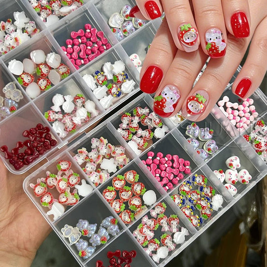 Hello Kitty 3D Strawberry Nail Art Charms 15Grid Rhinestone Set - Cake Pops Parties