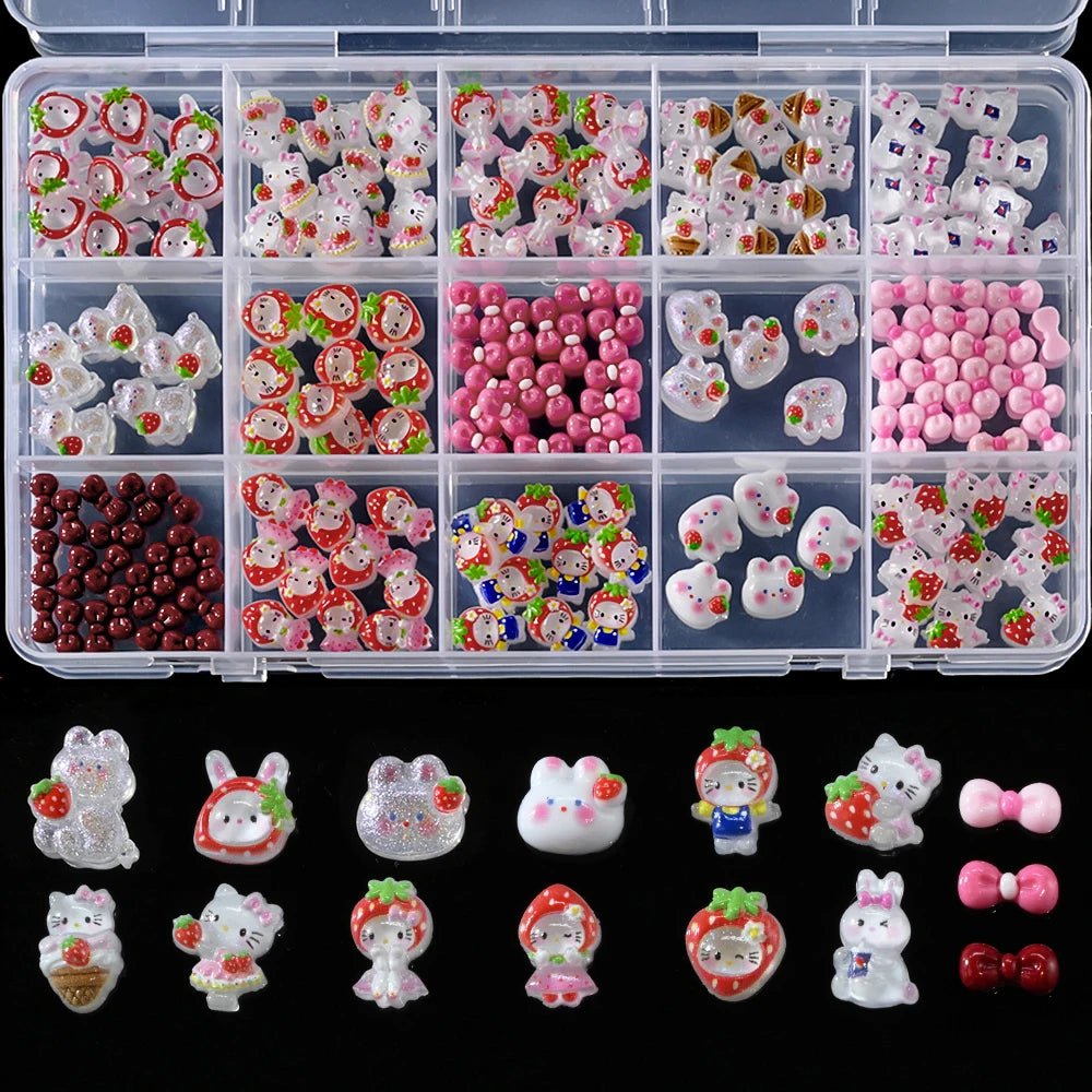 Hello Kitty 3D Strawberry Nail Art Charms 15Grid Rhinestone Set - Cake Pops Parties