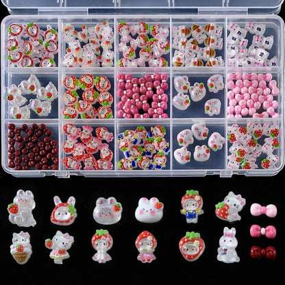 Hello Kitty 3D Strawberry Nail Art Charms 15Grid Rhinestone Set - Cake Pops Parties
