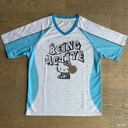 Hello Kitty Baseball V - Neck Stripe Oversized Summer Sports Tee - Cake Pops Parties