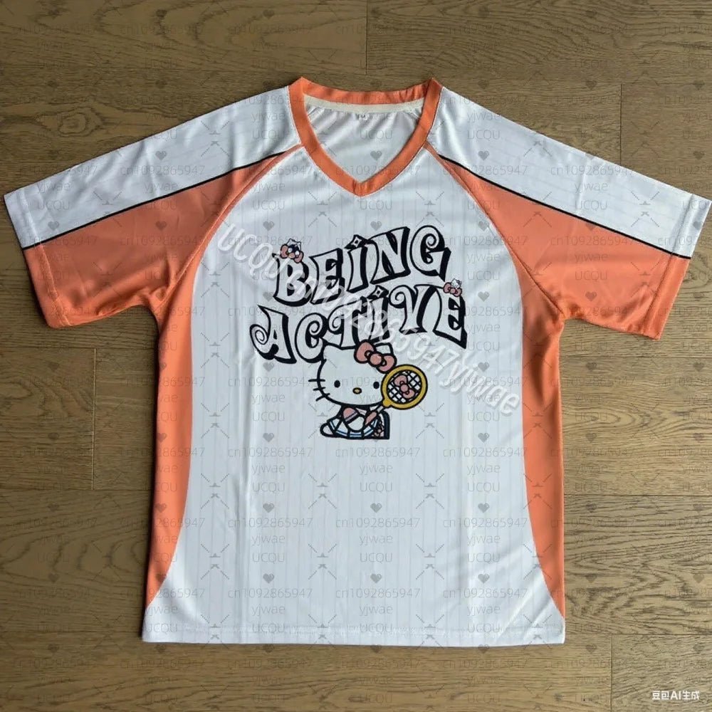 Hello Kitty Baseball V - Neck Stripe Oversized Summer Sports Tee - Cake Pops Parties