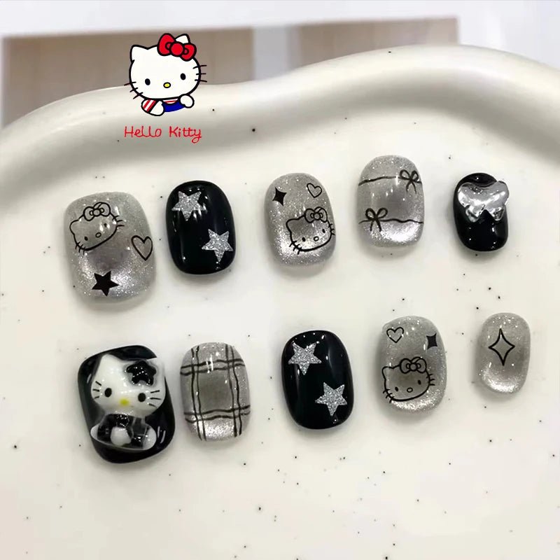 Hello Kitty Black Y2K Press On Nails 10pc DIY Short Minimalist - Cake Pops Parties