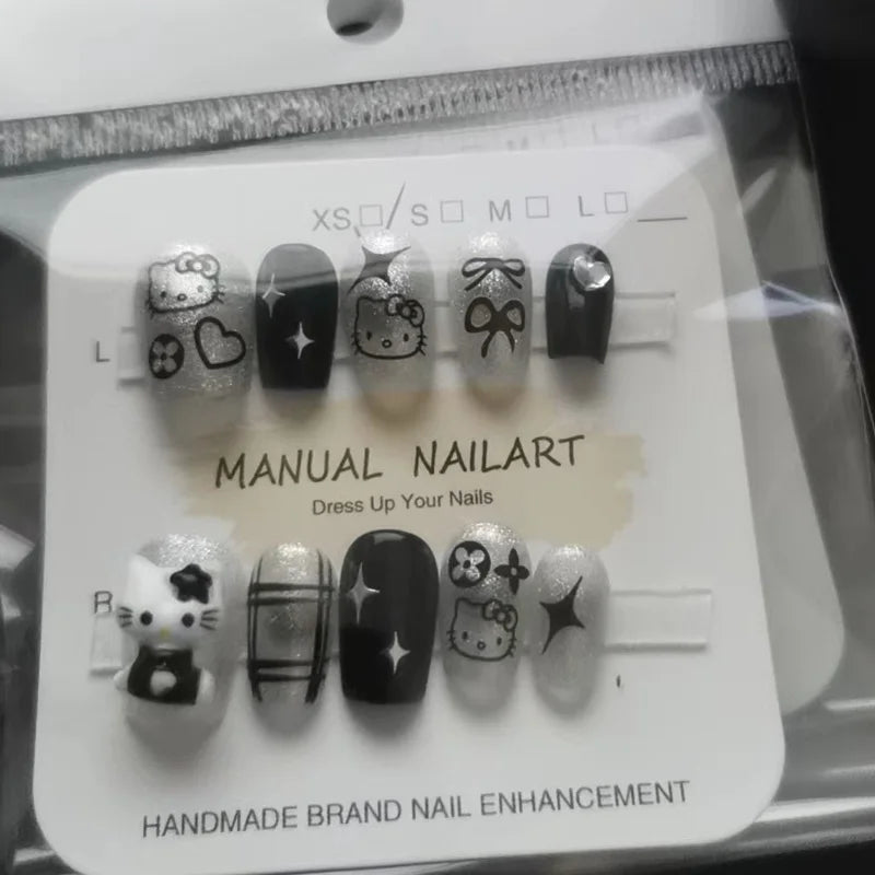 Hello Kitty Black Y2K Press On Nails 10pc DIY Short Minimalist - Cake Pops Parties