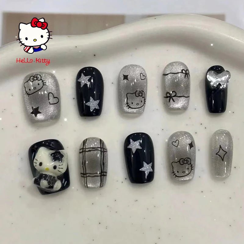 Hello Kitty Black Y2K Press On Nails 10pc DIY Short Minimalist - Cake Pops Parties