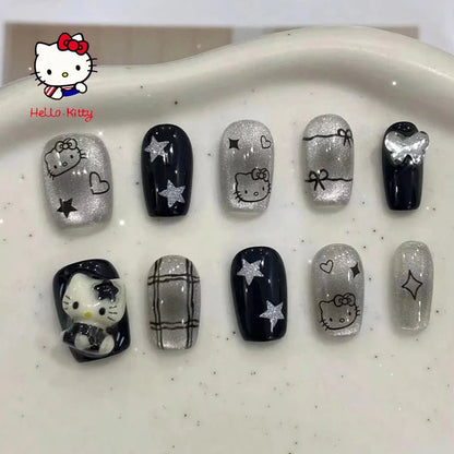 Hello Kitty Black Y2K Press On Nails 10pc DIY Short Minimalist - Cake Pops Parties