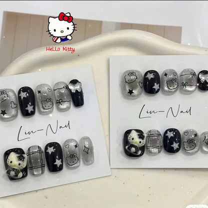 Hello Kitty Black Y2K Press On Nails 10pc DIY Short Minimalist - Cake Pops Parties