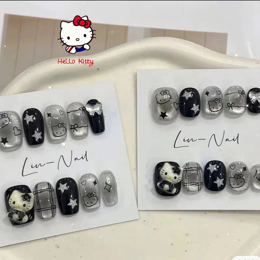 Hello Kitty Black Y2K Press On Nails 10pc DIY Short Minimalist - Cake Pops Parties