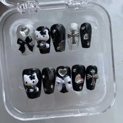 Hello Kitty Black Y2K Press On Nails 10pc DIY Short Minimalist - Cake Pops Parties