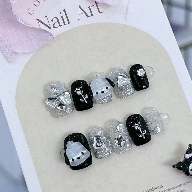 Hello Kitty Black Y2K Press On Nails 10pc DIY Short Minimalist - Cake Pops Parties