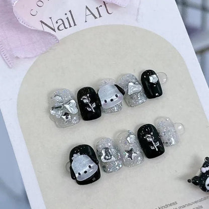 Hello Kitty Black Y2K Press On Nails 10pc DIY Short Minimalist - Cake Pops Parties