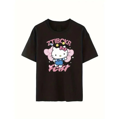 Hello Kitty Bow Car Star Print Unisex Soft Cotton Black Tee - Cake Pops Parties