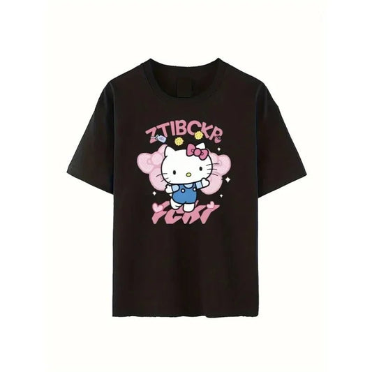 Hello Kitty Bow Car Star Print Unisex Soft Cotton Black Tee - Cake Pops Parties