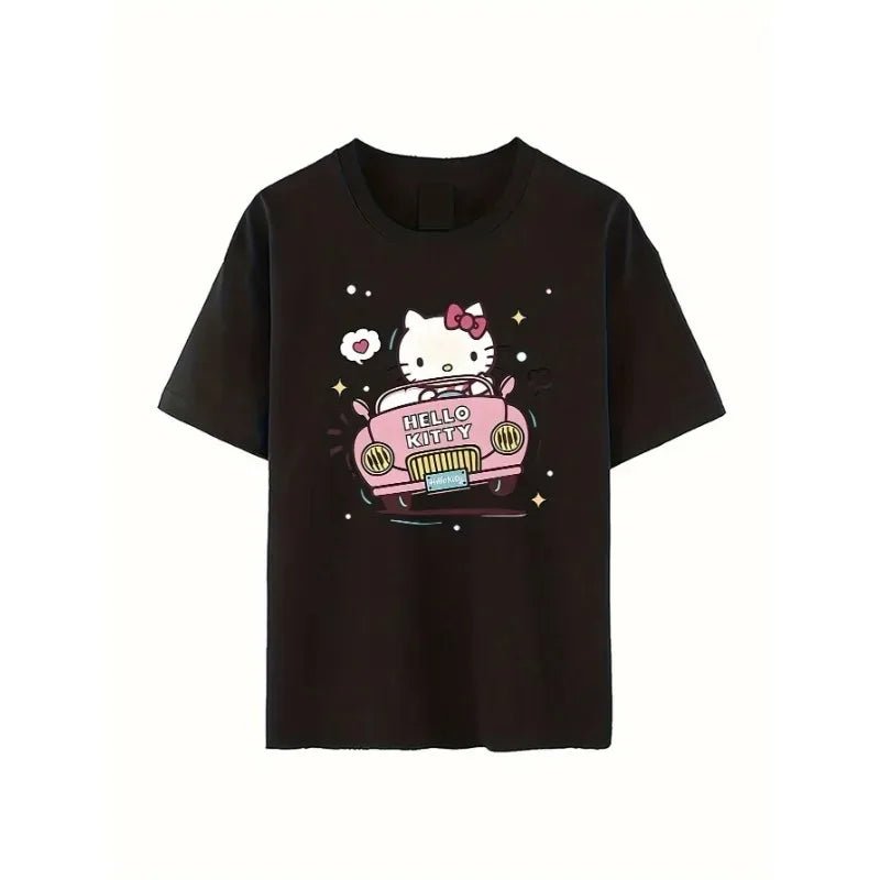 Hello Kitty Bow Car Star Print Unisex Soft Cotton Black Tee - Cake Pops Parties