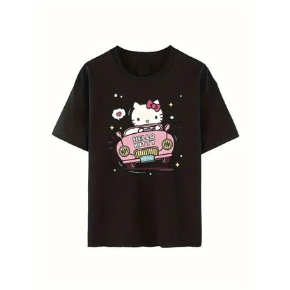 Hello Kitty Bow Car Star Print Unisex Soft Cotton Black Tee - Cake Pops Parties
