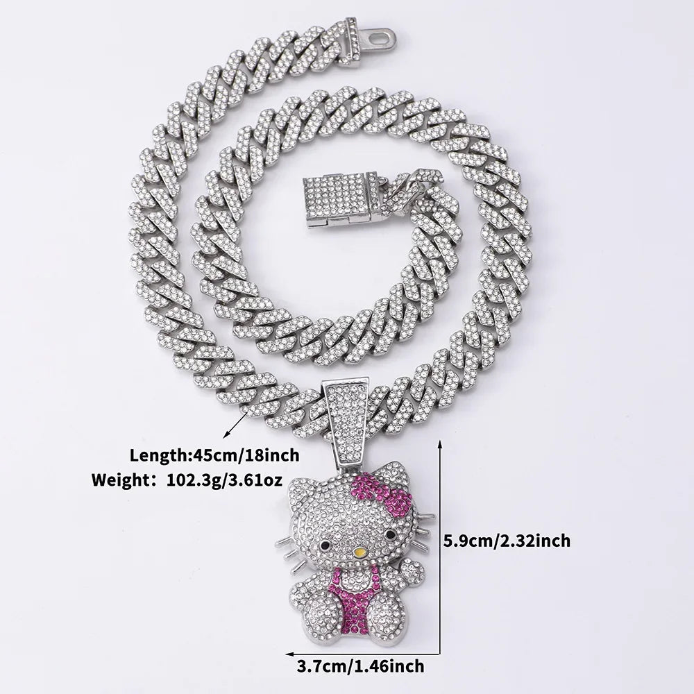 Hello Kitty Diamond Necklace Women Cuban Chain Cat Pendant Halloween - Cake Pops Parties