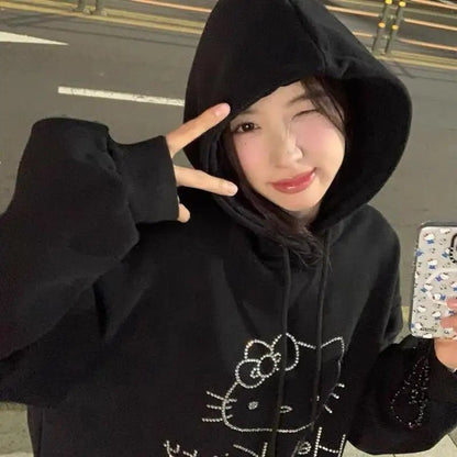 Hello Kitty Diamond Velvet Hoodie | Women’s Loose Autumn Winter Coat - Cake Pops Parties