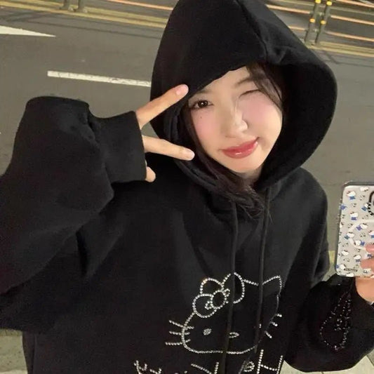 Hello Kitty Diamond Velvet Hoodie | Women’s Loose Autumn Winter Coat - Cake Pops Parties