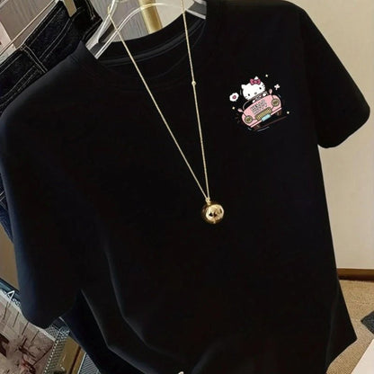 Hello Kitty Driving Car Black Cute Unisex Summer Casual Tee - Cake Pops Parties