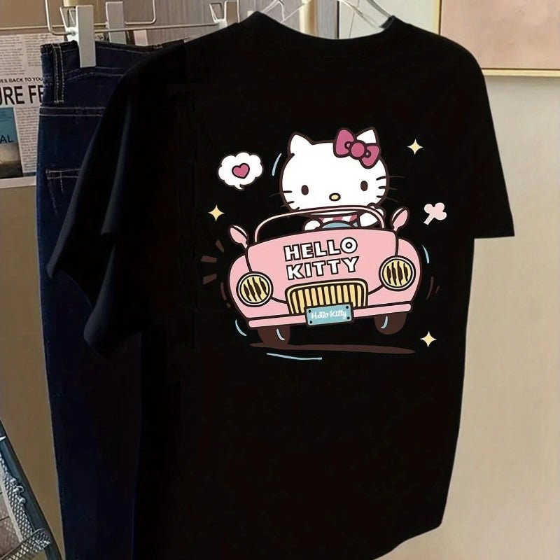 Hello Kitty Driving Car Black Cute Unisex Summer Casual Tee - Cake Pops Parties