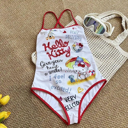 Hello Kitty Girls One - Piece Swimsuit Sports Bikini Chest Pad Slim Fit - Cake Pops Parties