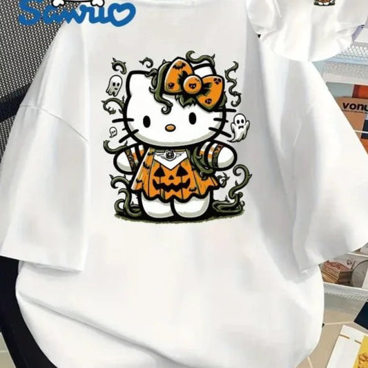 Hello Kitty Halloween Cartoon Print Women's Loose Casual Tee - Cake Pops Parties