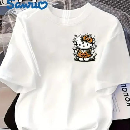 Hello Kitty Halloween Cartoon Print Women's Loose Casual Tee - Cake Pops Parties