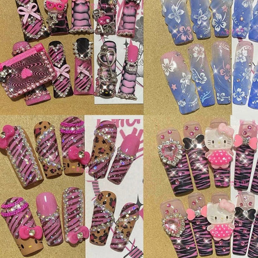 Hello Kitty Nails Y2K Leopard Print Press - On Reusable Set - Cake Pops Parties