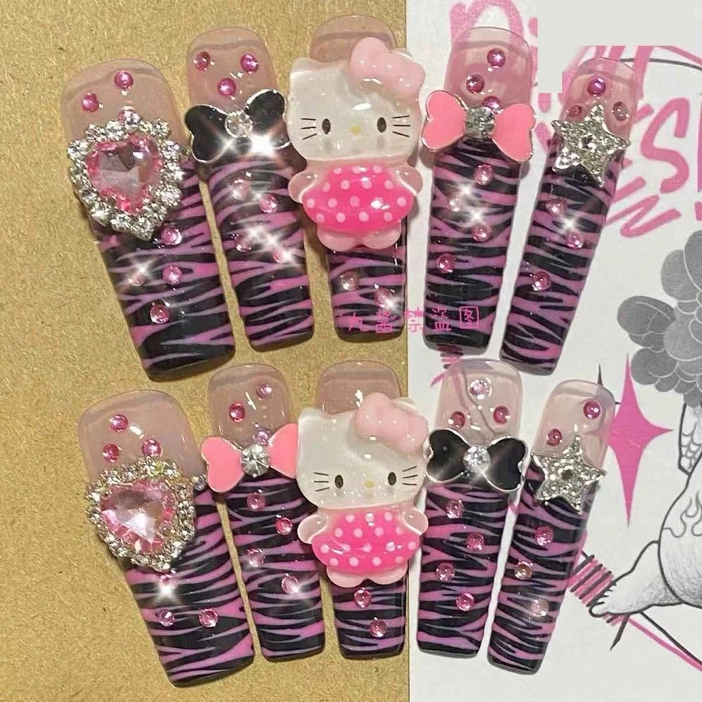 Hello Kitty Nails Y2K Leopard Print Press - On Reusable Set - Cake Pops Parties