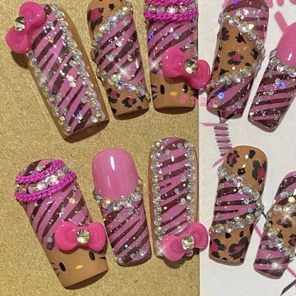 Hello Kitty Nails Y2K Leopard Print Press - On Reusable Set - Cake Pops Parties