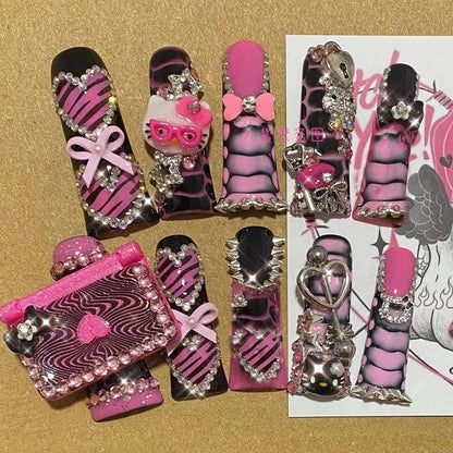 Hello Kitty Nails Y2K Leopard Print Press - On Reusable Set - Cake Pops Parties