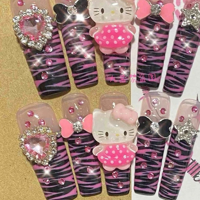 Hello Kitty Nails Y2K Leopard Print Press - On Reusable Set - Cake Pops Parties