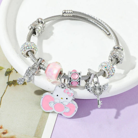 Hello Kitty Silver Charm Bracelet Cute Bow Pendant Gift Jewelry - Cake Pops Parties