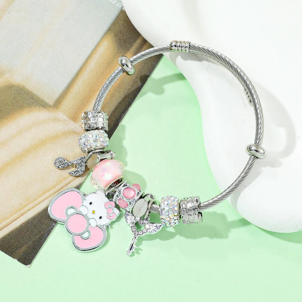 Hello Kitty Silver Charm Bracelet Cute Bow Pendant Gift Jewelry - Cake Pops Parties