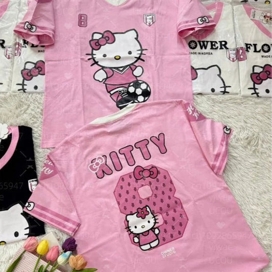 Hello Kitty Stripe Baseball Tee Women's Oversized Summer V - Neck - Cake Pops Parties
