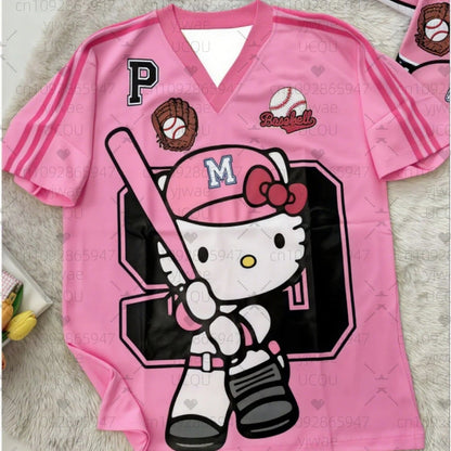 Hello Kitty Stripe Baseball Tee Women's Oversized Summer V - Neck - Cake Pops Parties