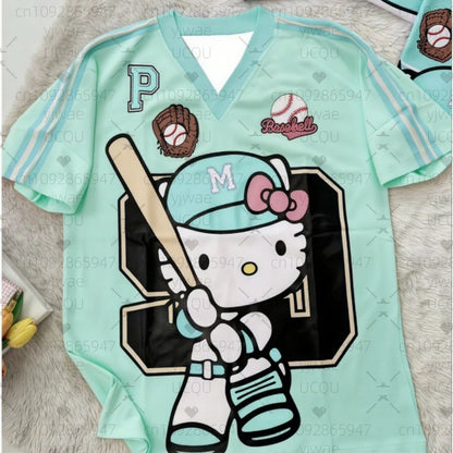 Hello Kitty Stripe Baseball Tee Women's Oversized Summer V - Neck - Cake Pops Parties