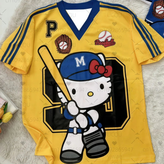 Hello Kitty Stripe Baseball Tee Women's Oversized Summer V - Neck - Cake Pops Parties