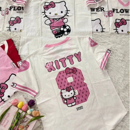 Hello Kitty Stripe Baseball Tee Women's Oversized Summer V - Neck - Cake Pops Parties