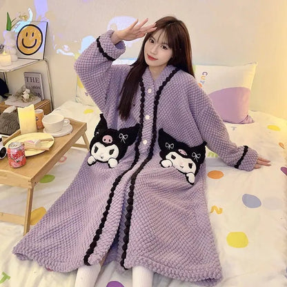 Hello Kitty Y2K Coral Velvet Pajamas | Girls Long - Sleeve Bathrobe Set - Cake Pops Parties