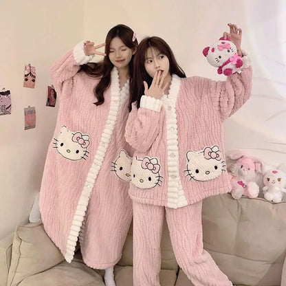 Hello Kitty Y2K Coral Velvet Pajamas | Girls Long - Sleeve Bathrobe Set - Cake Pops Parties