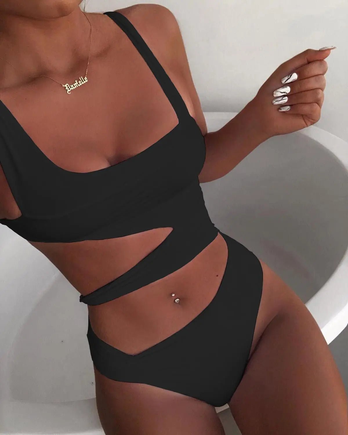 High Waist One - Piece | Solid Color Hollow Cut - Out Swimming Costume - Cake Pops Parties