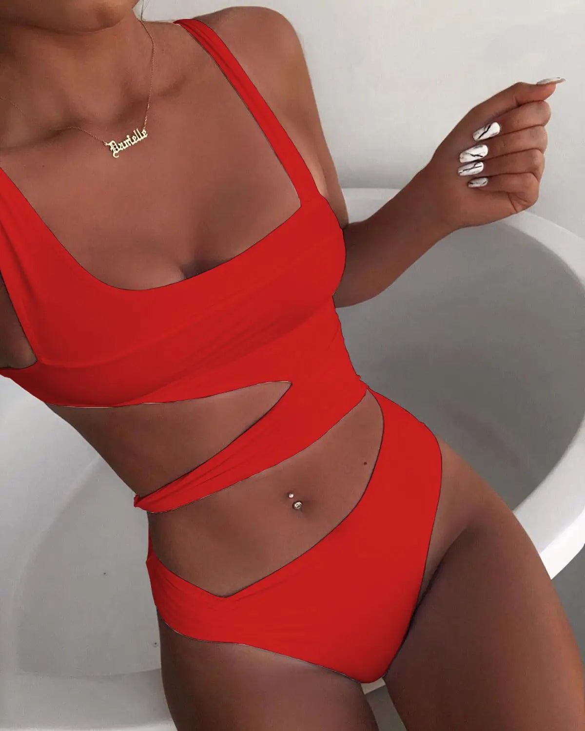 High Waist One - Piece | Solid Color Hollow Cut - Out Swimming Costume - Cake Pops Parties