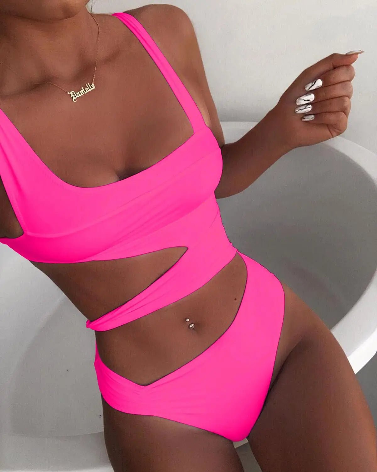 High Waist One - Piece | Solid Color Hollow Cut - Out Swimming Costume - Cake Pops Parties