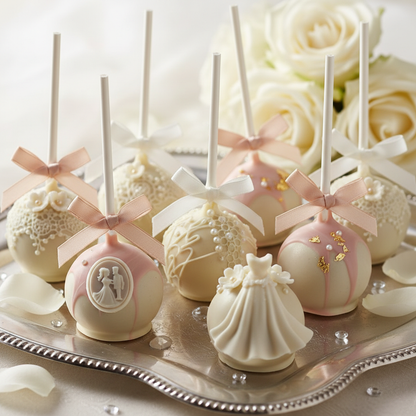 Close-up detail of Wedding Elegance cake pops showing Belgian chocolate coating, elegant ribbons and sophisticated bridal designs