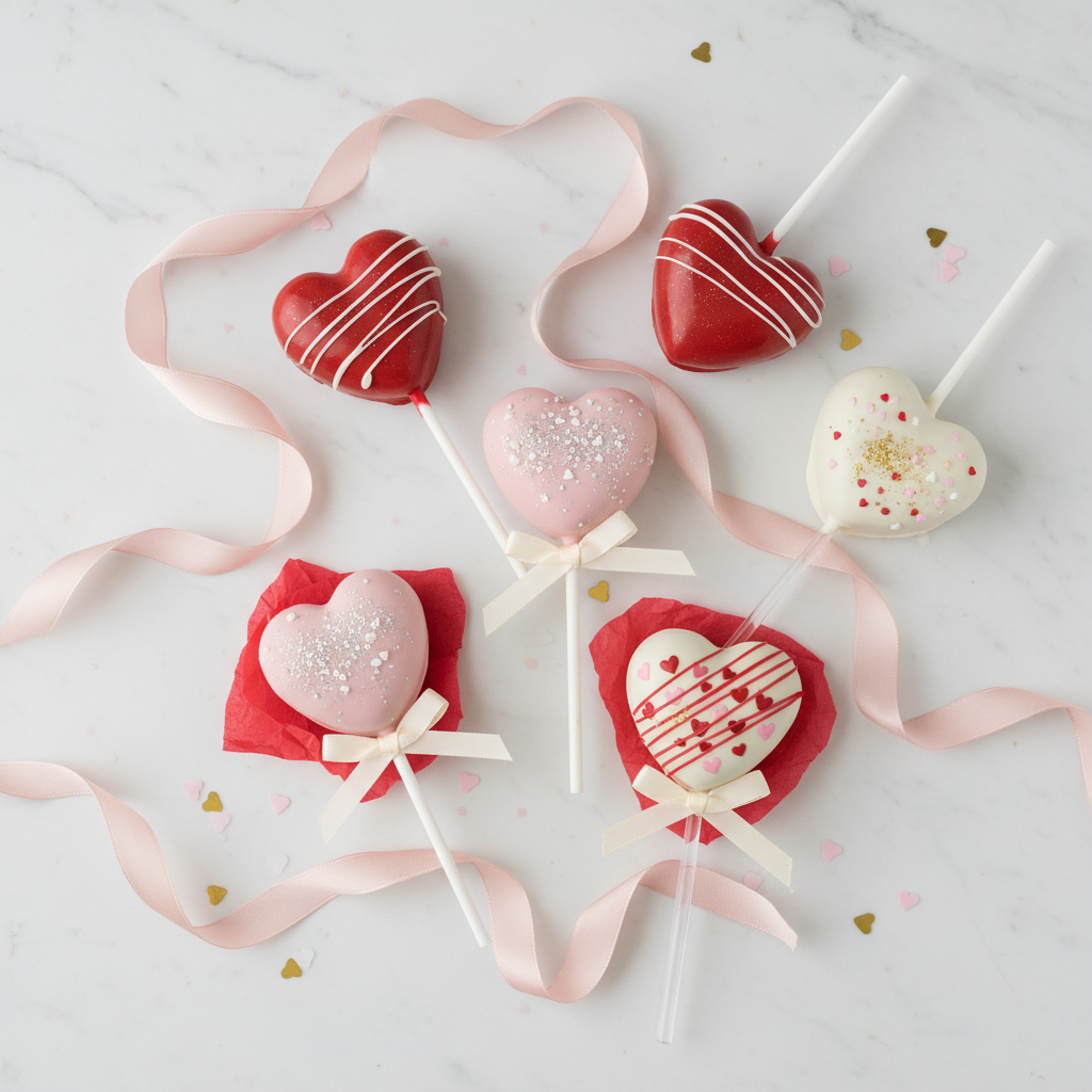 Flat lay view of 6 heart-shaped cake pops Valentine's bundle