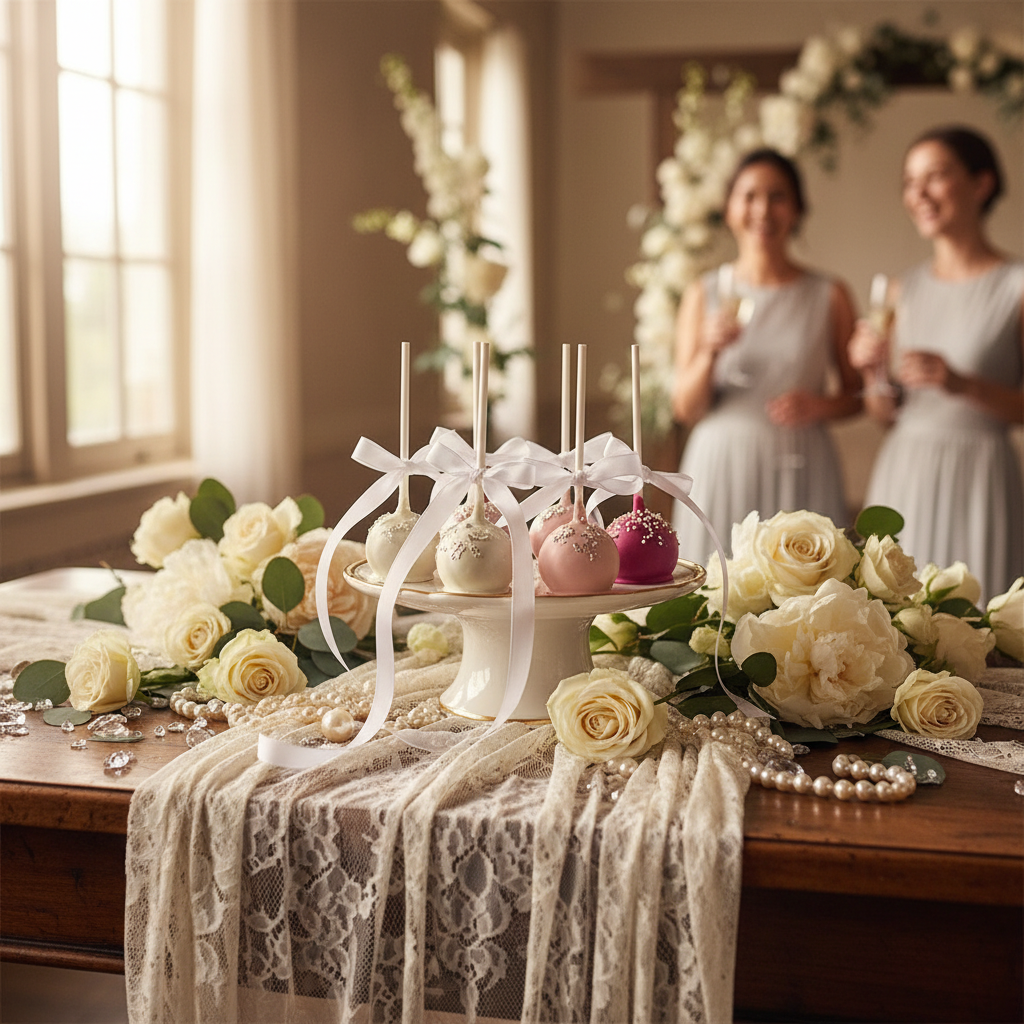 Wedding Elegance cake pops lifestyle shot for bridal shower or wedding reception dessert table with romantic decor