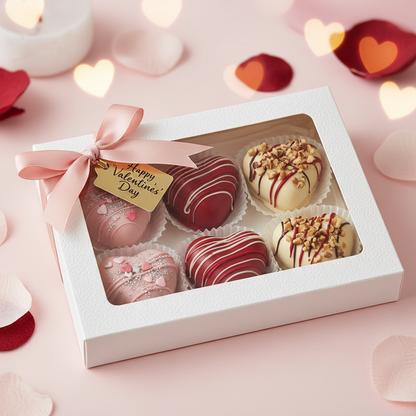 Romance & Hearts Valentine Bundle - 6 Heart-Shaped Cake Pops with Belgian chocolate and pink decorations